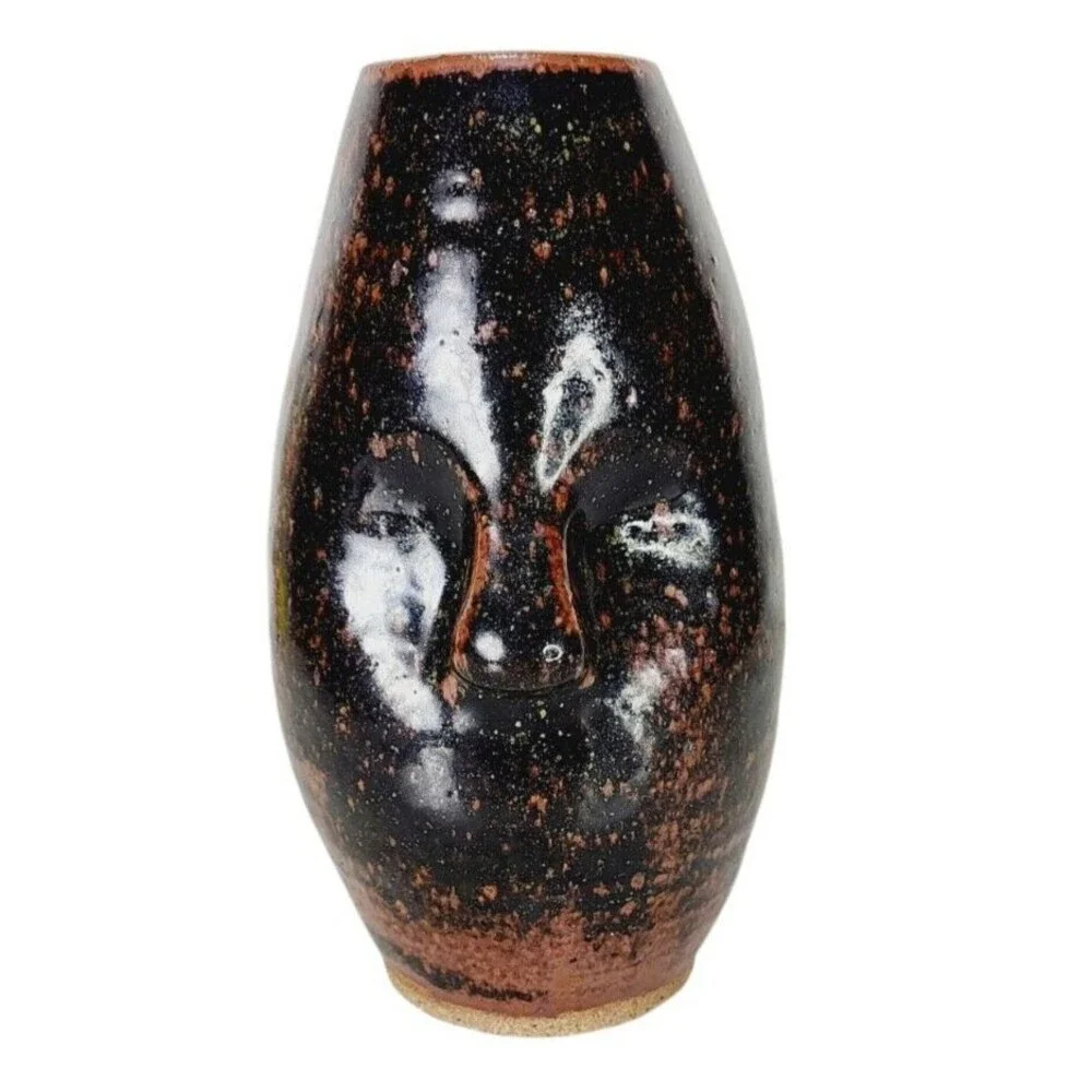 VTG MCM 60s Anthropomorphic Face Vase Clay Stoneware Pottery Studio Art Signed